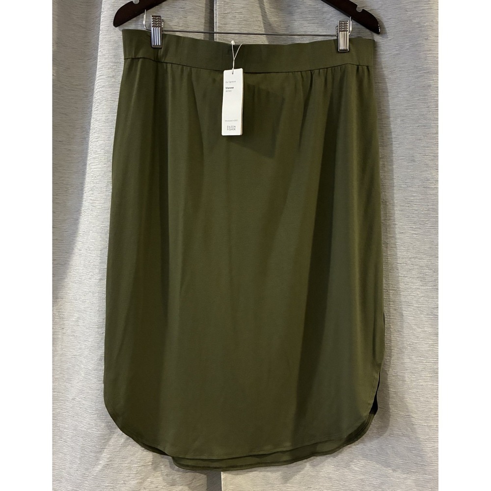 Eileen Fisher Green Viscose Jersey Midi Skirt Women Large Olive S7VF-S3964M